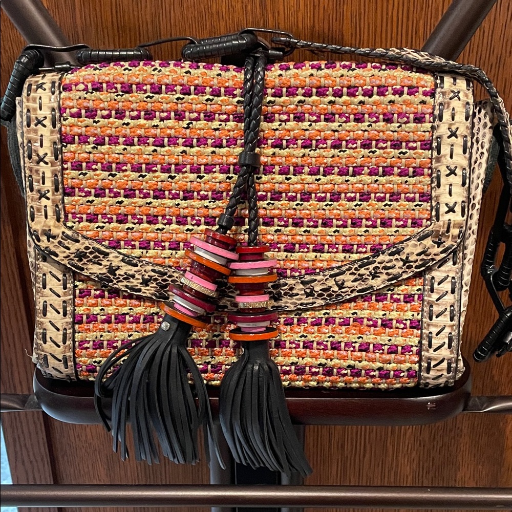 Jimmy Choo Multicolor Woven Shoulder Bag with Black Tassels